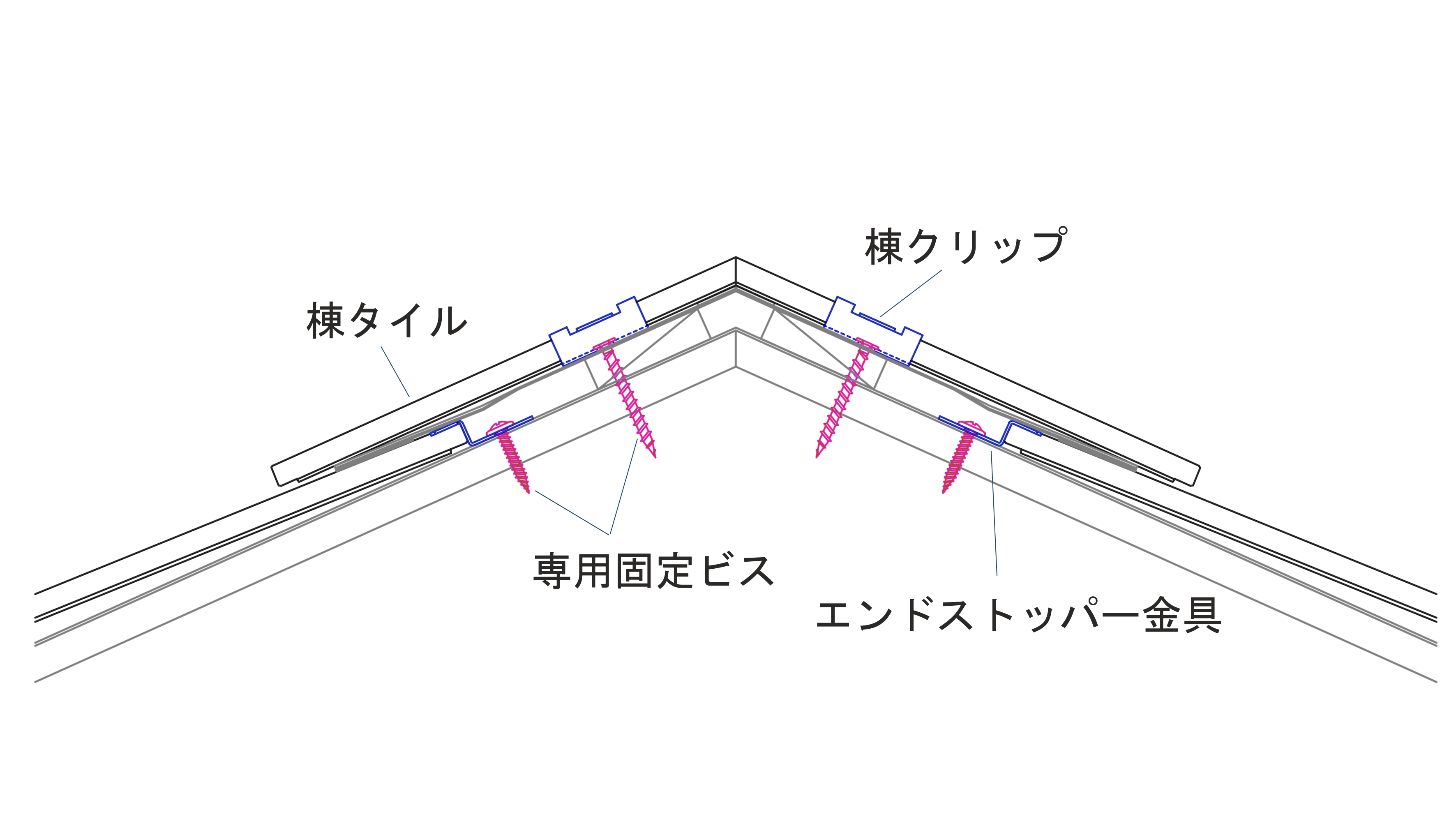 乾式防水部材と専用金具をビスで固定するタイルーフの棟部断面図