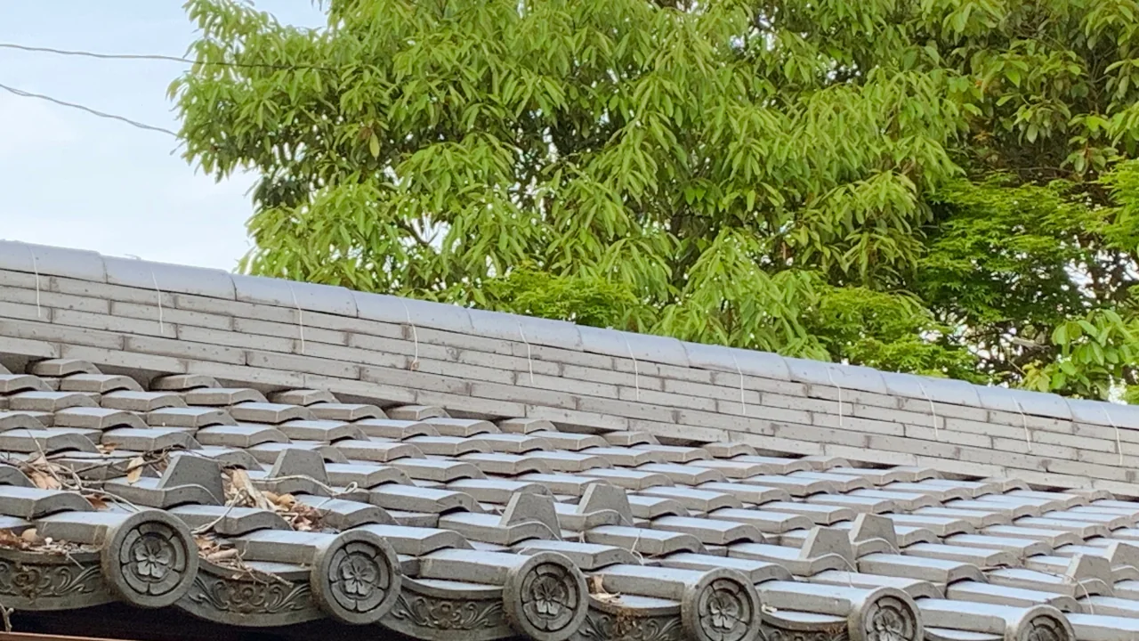 落ち葉がたまり劣化が見られる瓦屋根